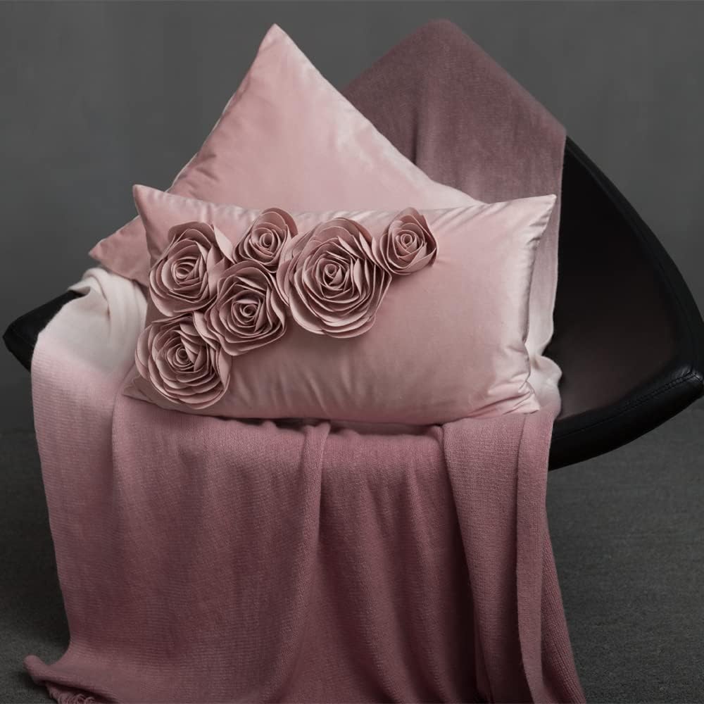 VG|rose-gold|3D Flower Throw Pillow Cover Handmade Floral Soft Velvet Lumbar Cushion for Bed Living Room Chair Couch Decor Gold