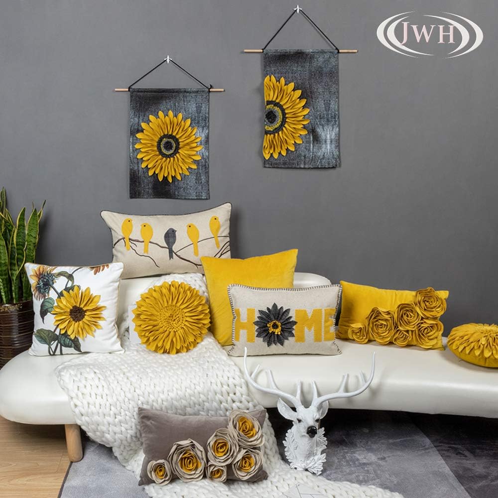 VG|yellow-gray-plaid-square-with-birds|Cute Birds Throw Pillow Cover Lumbar Accent Cushion Embroidered Pillowcase for Home Sofa Bed Living Room Dark Blue Orange Beige