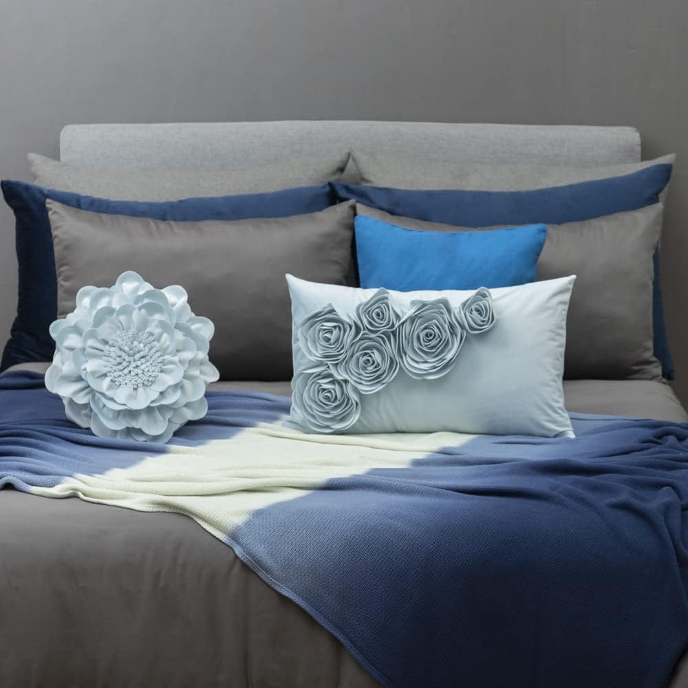 VG|sky-blue|3D Flower Throw Pillow Cover Handmade Floral Soft Velvet Lumbar Cushion for Bed Living Room Chair Couch Decor Gold