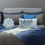 VG|sky-blue|3D Flower Throw Pillow Cover Handmade Floral Soft Velvet Lumbar Cushion for Bed Living Room Chair Couch Decor Gold