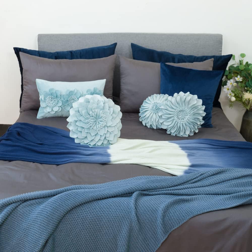 VG|sky-blue|3D Flower Throw Pillow Cover Decorative Round Cushion Floral Accent Pillowcase for Bedroom Living Room Bed Couch Pink Velvet