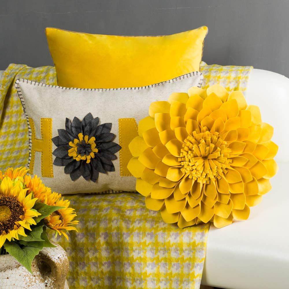 VG|gold-yellow|3D Flower Throw Pillow Cover Decorative Round Cushion Floral Accent Pillowcase for Bedroom Living Room Bed Couch Pink Velvet