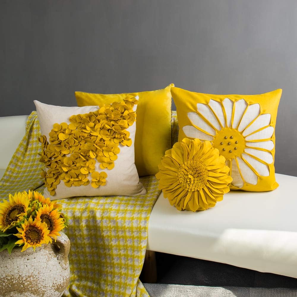 VG|yellow|Handmade 3D Flower Throw Pillow Covers Decorative Aesthetic Floral Accent Pillow Cases Stereo Cushion for Couch Living Room Bed Chair Decor Beige
