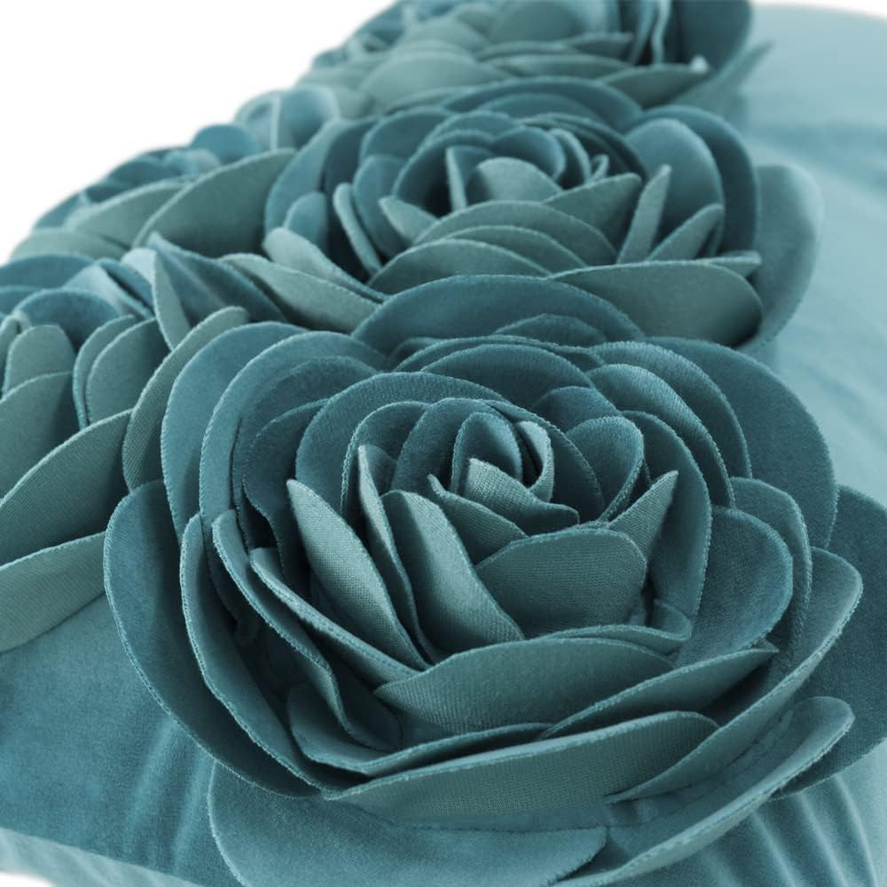 VG|turquoise-blue|3D Flower Throw Pillow Cover Handmade Floral Soft Velvet Lumbar Cushion for Bed Living Room Chair Couch Decor Gold
