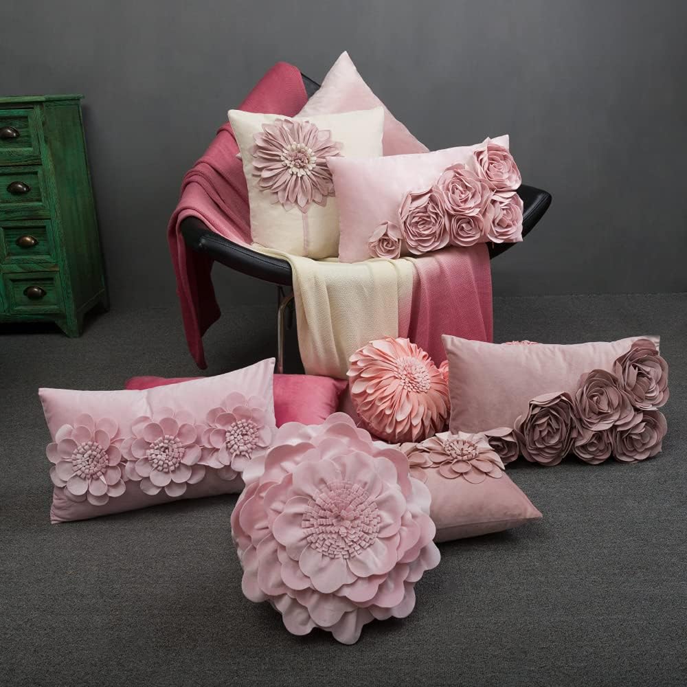 VG|light-pink|3D Flower Throw Pillow Cover Handmade Floral Soft Velvet Lumbar Cushion for Bed Living Room Chair Couch Decor Gold