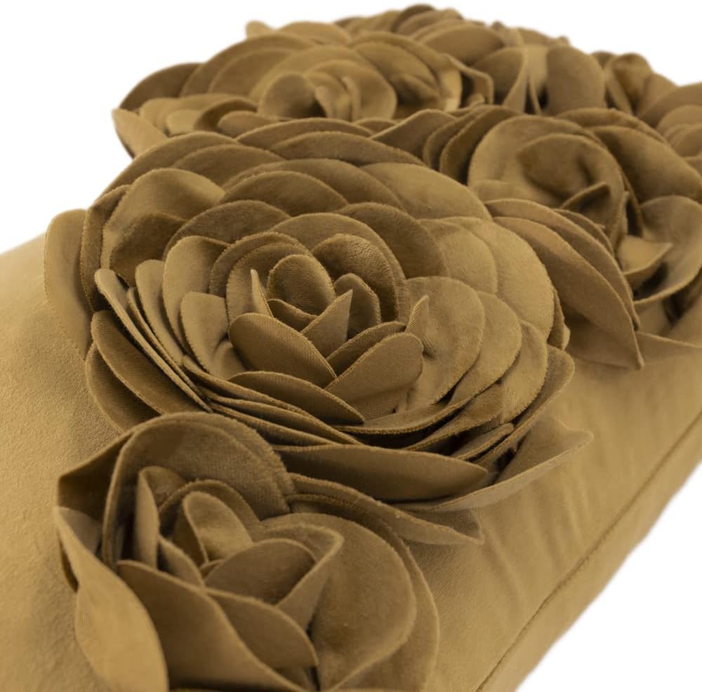 VG|golden-brown|3D Flower Throw Pillow Cover Handmade Floral Soft Velvet Lumbar Cushion for Bed Living Room Chair Couch Decor Gold