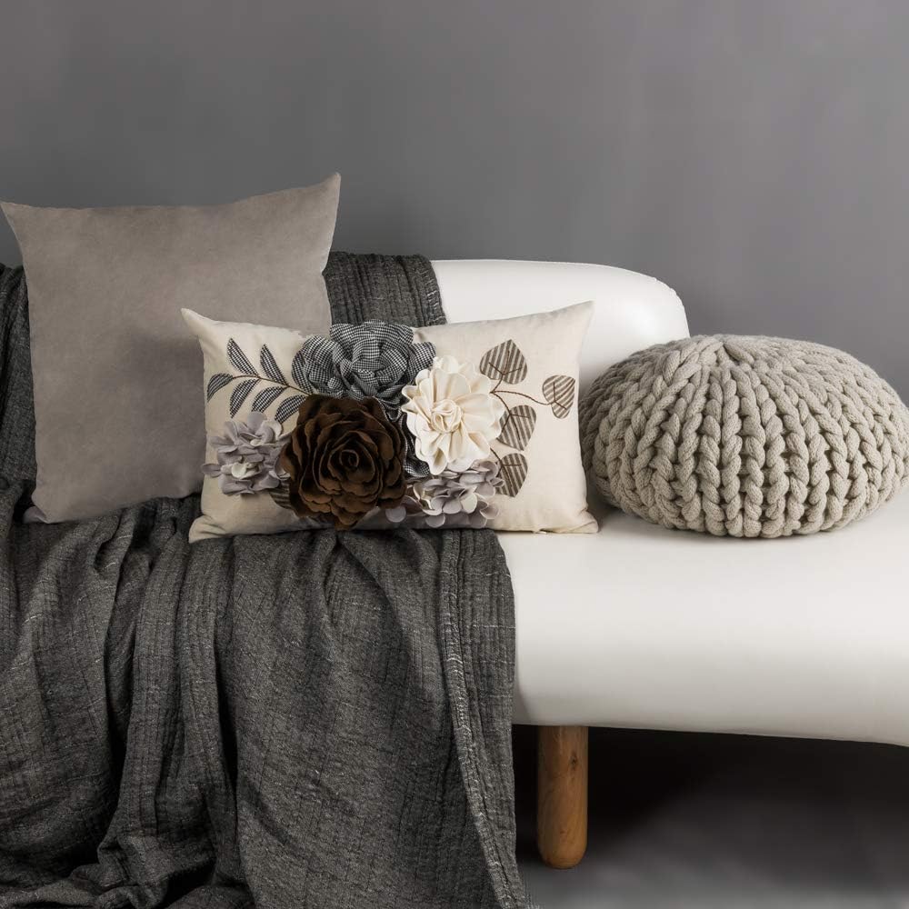 VG|brown|Decorative 3D Flower Throw Pillow Cover Handmade Floral Accent Cushion Case for Living Room Sofa Couch Chair Gray