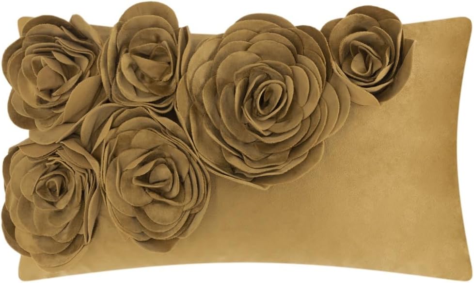 VG|golden-brown|3D Flower Throw Pillow Cover Handmade Floral Soft Velvet Lumbar Cushion for Bed Living Room Chair Couch Decor Gold