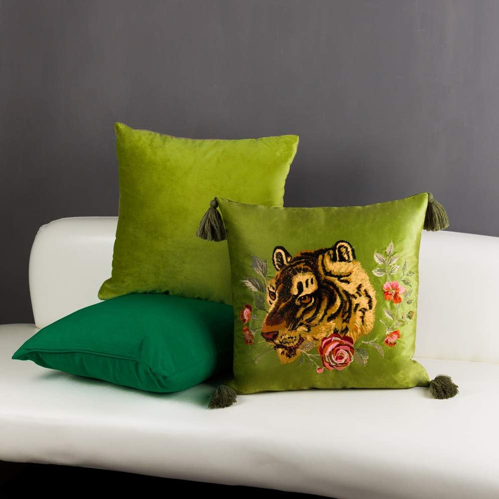 Tiger Velvet Throw Pillow Cover Decorative Flower Embroidered Accent Cushion Case Print Pillowcase for Bed Living Room Couch Bedroom Green Tassel