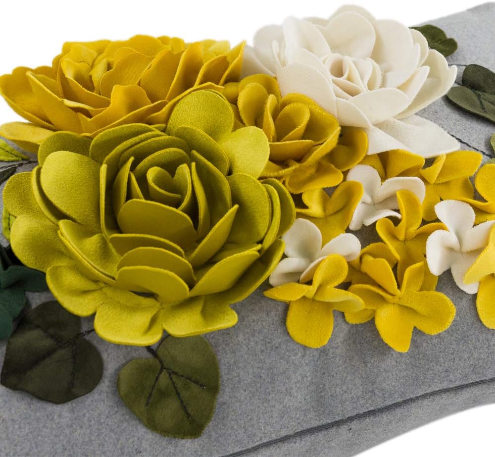 VG|yellow|Decorative 3D Flower Throw Pillow Cover Handmade Floral Accent Cushion Case for Living Room Sofa Couch Chair Gray
