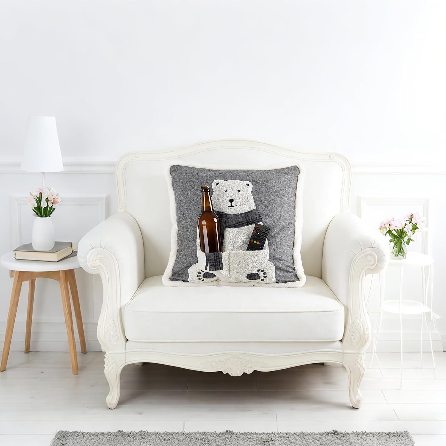 Applique Pocket Bear Throw Pillow Cover Grey Wool