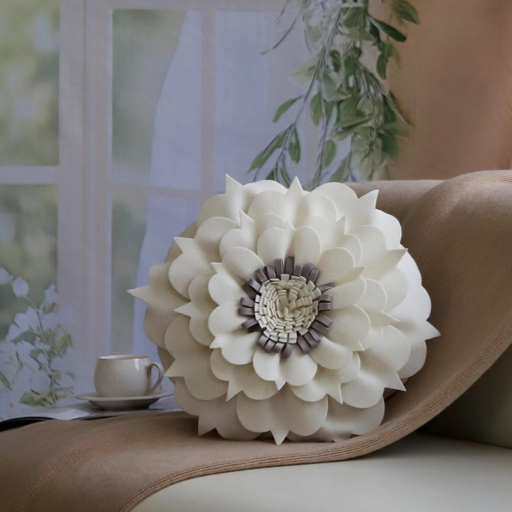VG|cream-white|3D Flower Decorative Throw Pillow Accent Handmade Round Pillow Cushion with Insert for Home Couch Bedroom Decor