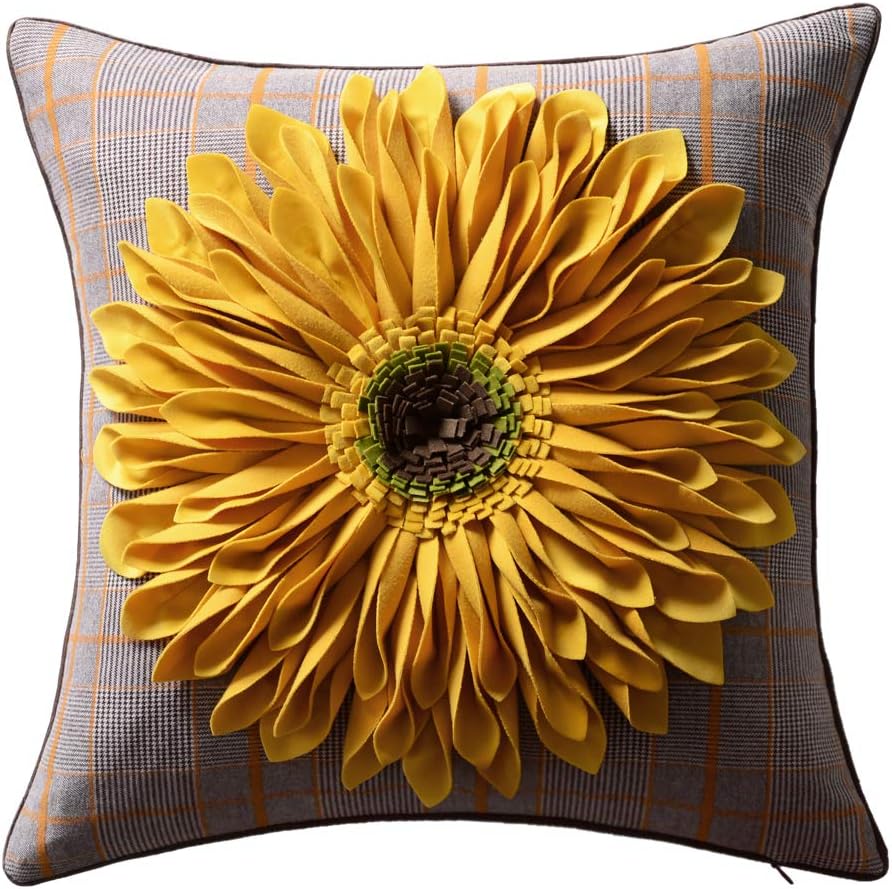 3D Sunflowers Throw Pillow Cover Wine Red - Yellow* Plaid