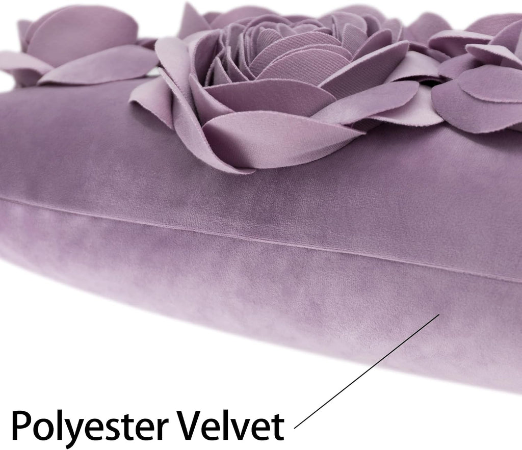 VG|purple|3D Flowers Throw Pillow Cover Decorative Soft Velvet Accent Floral Cushion Lumbar Pillowcase for Bed Sofa Couch Living Room