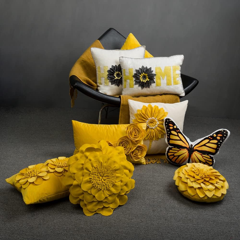 VG|a4-yellow-gray-plaid-linen|Home Flower Throw Pillow Cover, Beige Yellow Grey