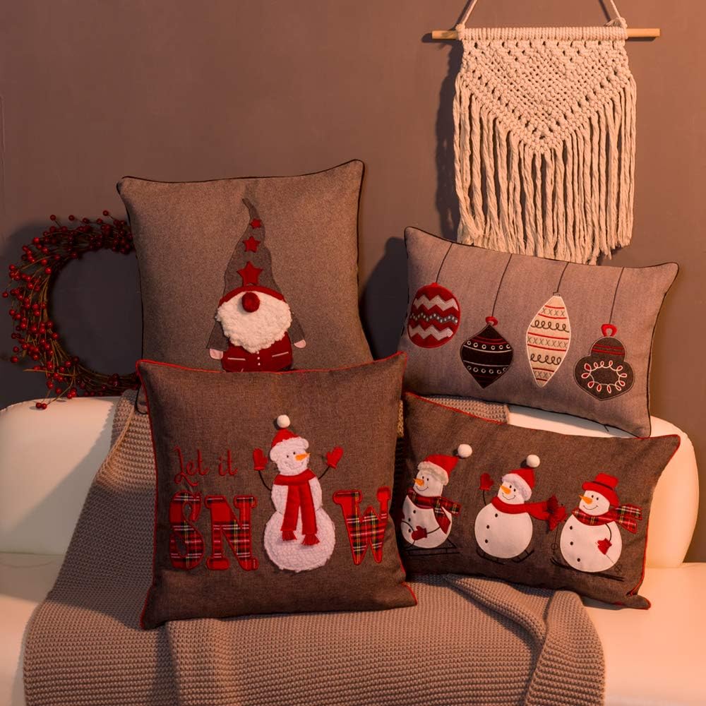 Santa Claus Applique Throw Pillow Cover Christmas Ball Pillow Case Decorative Cushion Cover for Sofa Couch Chair Home Bed Living Room Wool Grey