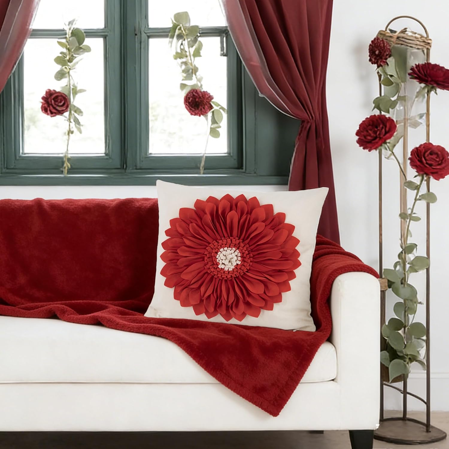 VG|reddish-orange-beige-canvas|3D Sunflowers Throw Pillow Cover Wine Red