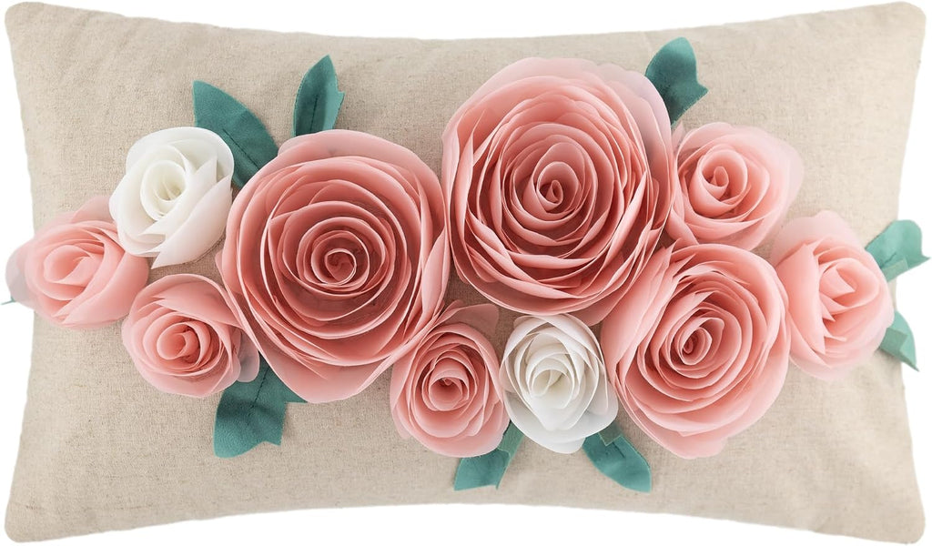 Decorative 3D Floral Throw Pillow Cover for Couch Living Room Home Decor Pink and White - Default Title