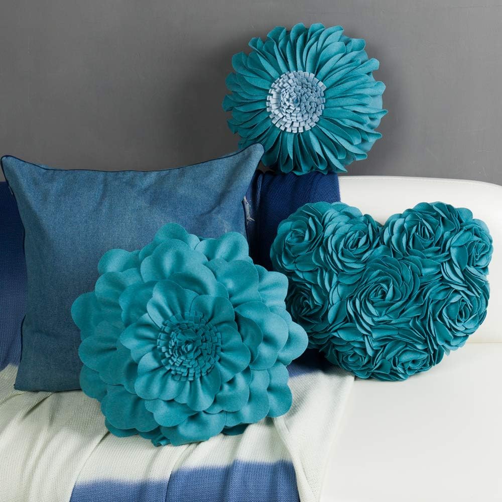 VG|teal-blue|Flower Throw Pillow Cover Decorative Round Pillowcase Floral Cushion for Bed Sofa Couch Car Decor