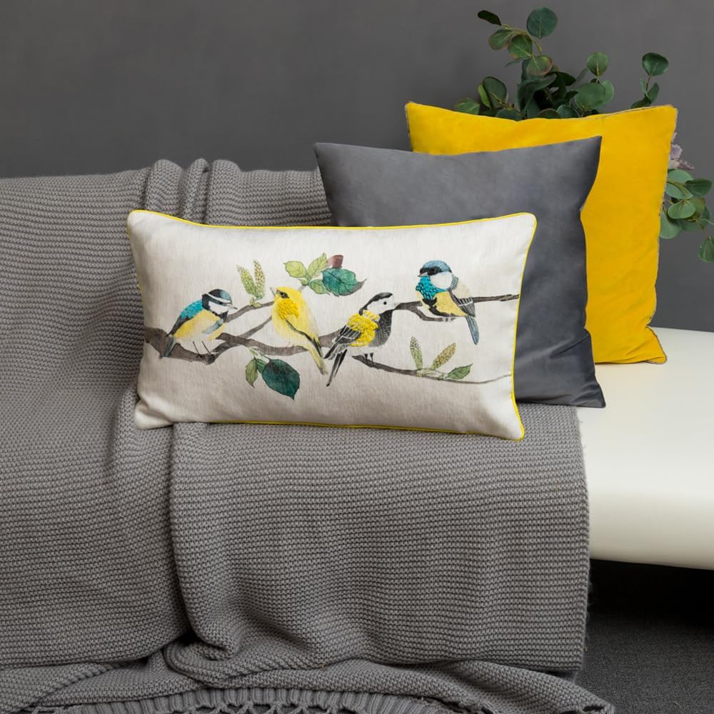 VG|aqua-yellow-beige-with-4-birds|Cute Birds Throw Pillow Cover Lumbar Accent Cushion Embroidered Pillowcase for Home Sofa Bed Living Room Dark Blue Orange Beige