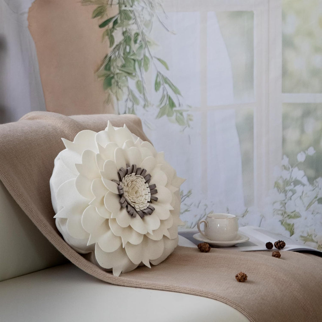 VG|cream-white|3D Flower Decorative Throw Pillow Accent Handmade Round Pillow Cushion with Insert for Home Couch Bedroom Decor