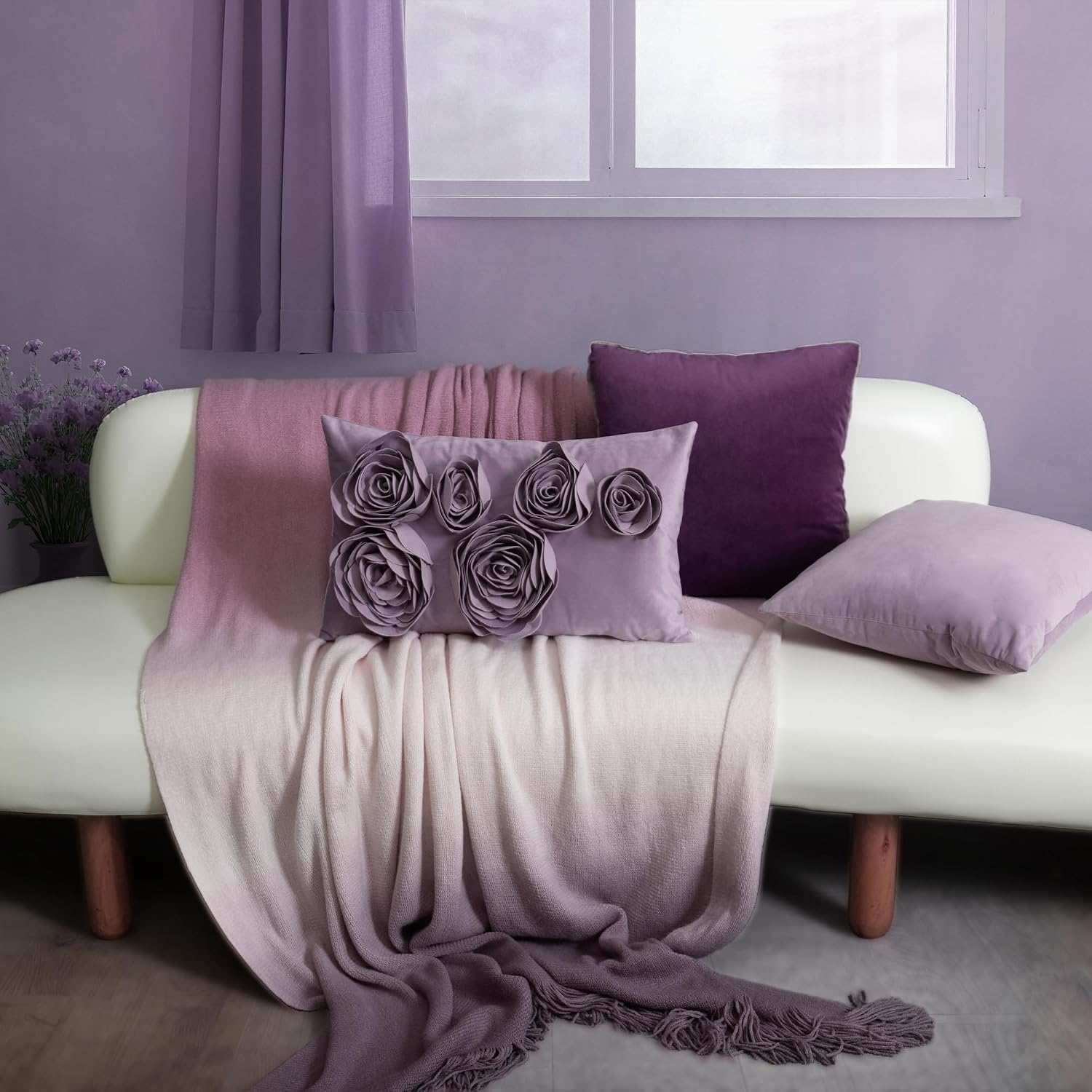 VG|purple|3D Flower Throw Pillow Cover Handmade Floral Soft Velvet Lumbar Cushion for Bed Living Room Chair Couch Decor Gold