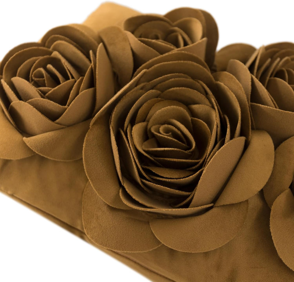 VG|mustard-brown|3D Flowers Throw Pillow Cover Decorative Soft Velvet Accent Floral Cushion Lumbar Pillowcase for Bed Sofa Couch Living Room