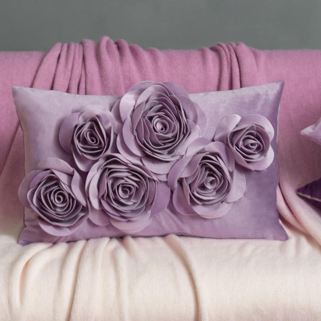 VG|purple|3D Flowers Throw Pillow Cover Decorative Soft Velvet Accent Floral Cushion Lumbar Pillowcase for Bed Sofa Couch Living Room