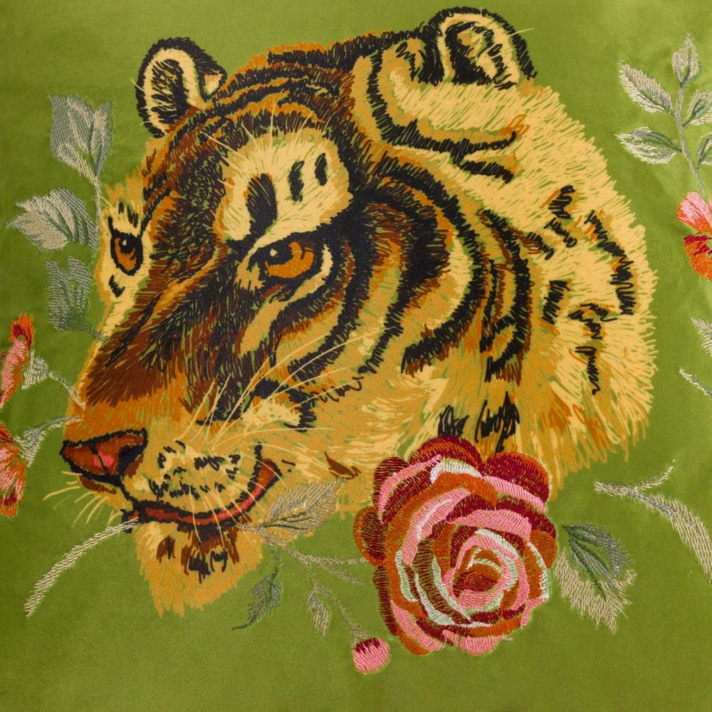 Tiger Velvet Throw Pillow Cover Decorative Flower Embroidered Accent Cushion Case Print Pillowcase for Bed Living Room Couch Bedroom Green Tassel