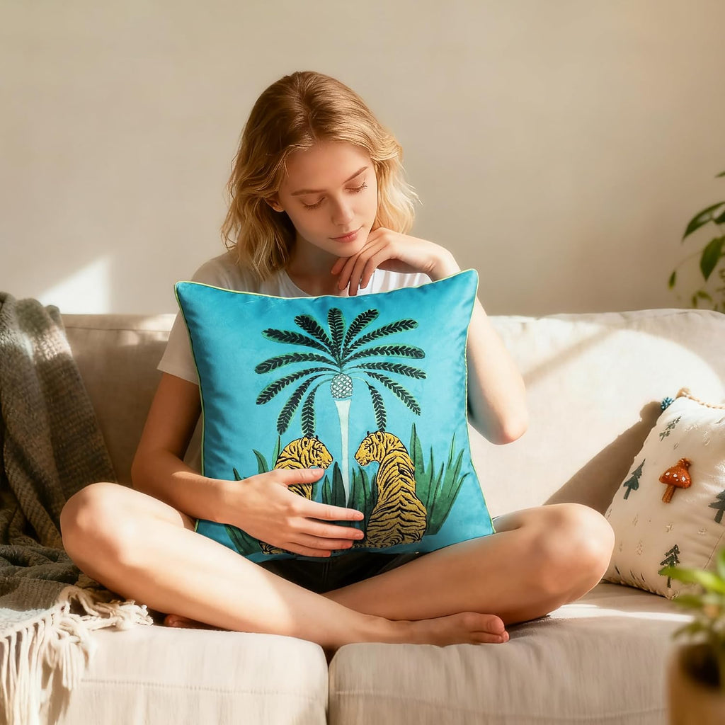 VG|blue|Decorative Tiger Embroidered Design Throw Pillow Cover Tropical Palm Pillowcase