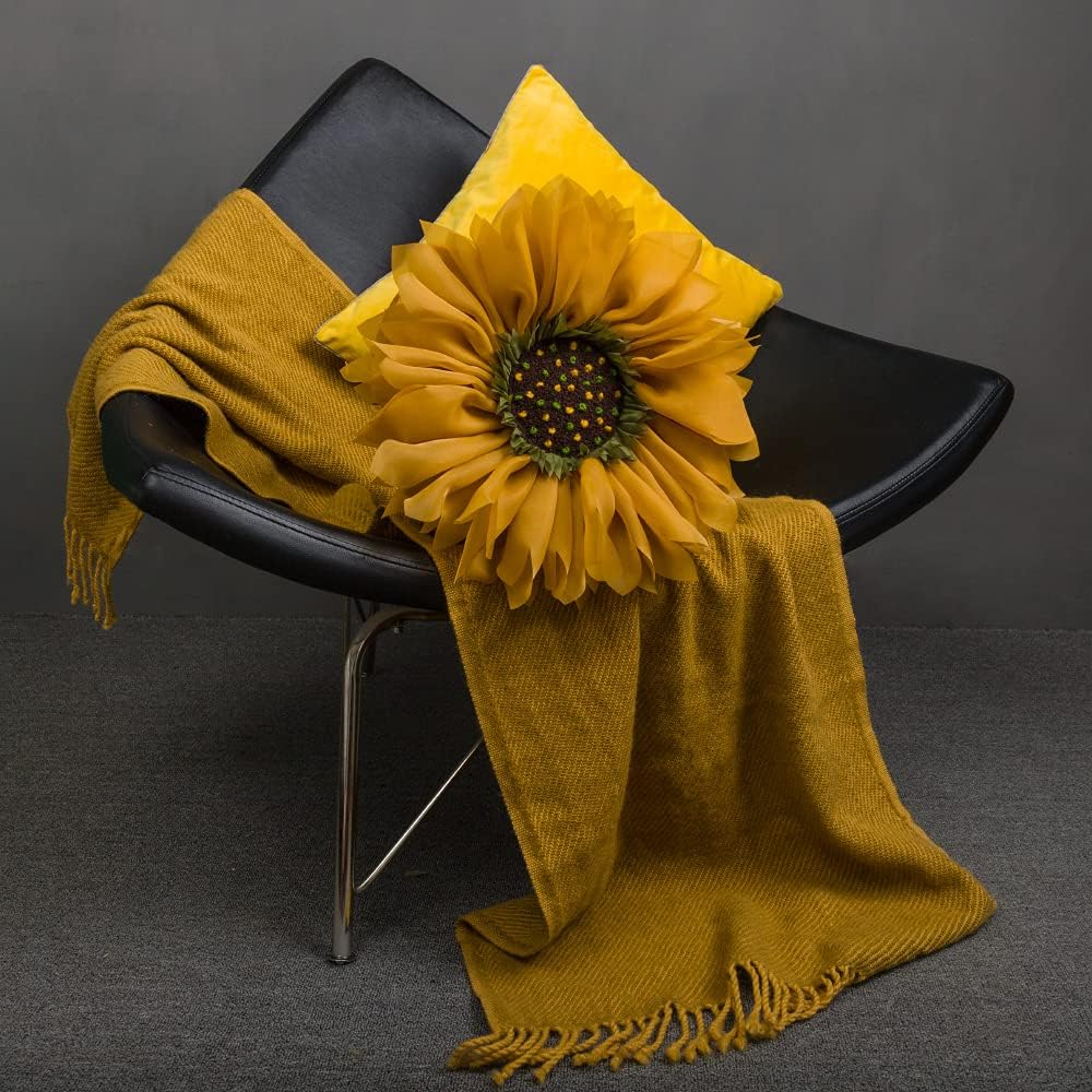 VG|mustard-yellow|3D Flower Throw Pillow Cover Decorative Round Daisy Shaped Cushion Floral Pillowcase for Bed Sofa Couch Living Room