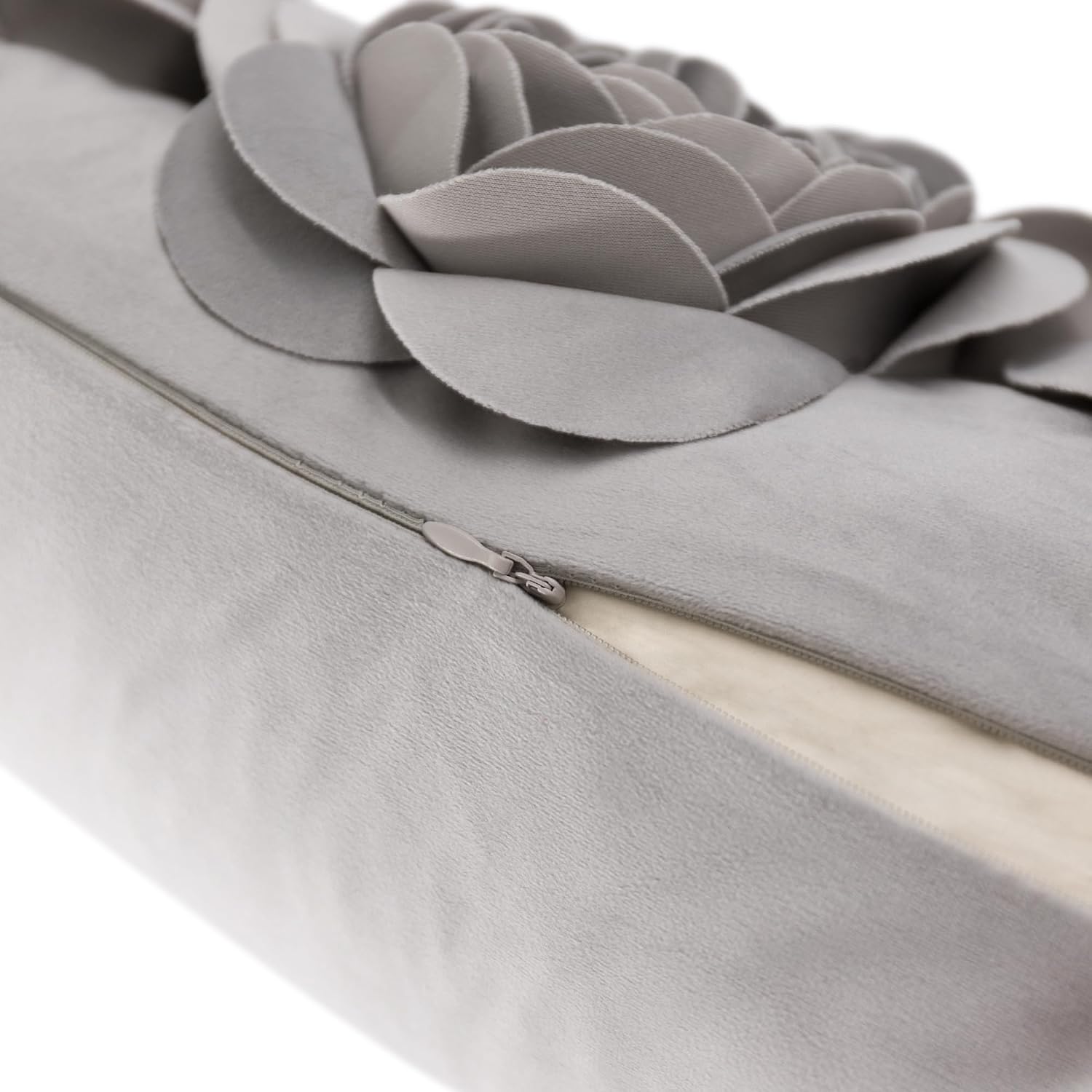 VG|gray|3D Flowers Throw Pillow Cover Decorative Soft Velvet Accent Floral Cushion Lumbar Pillowcase for Bed Sofa Couch Living Room