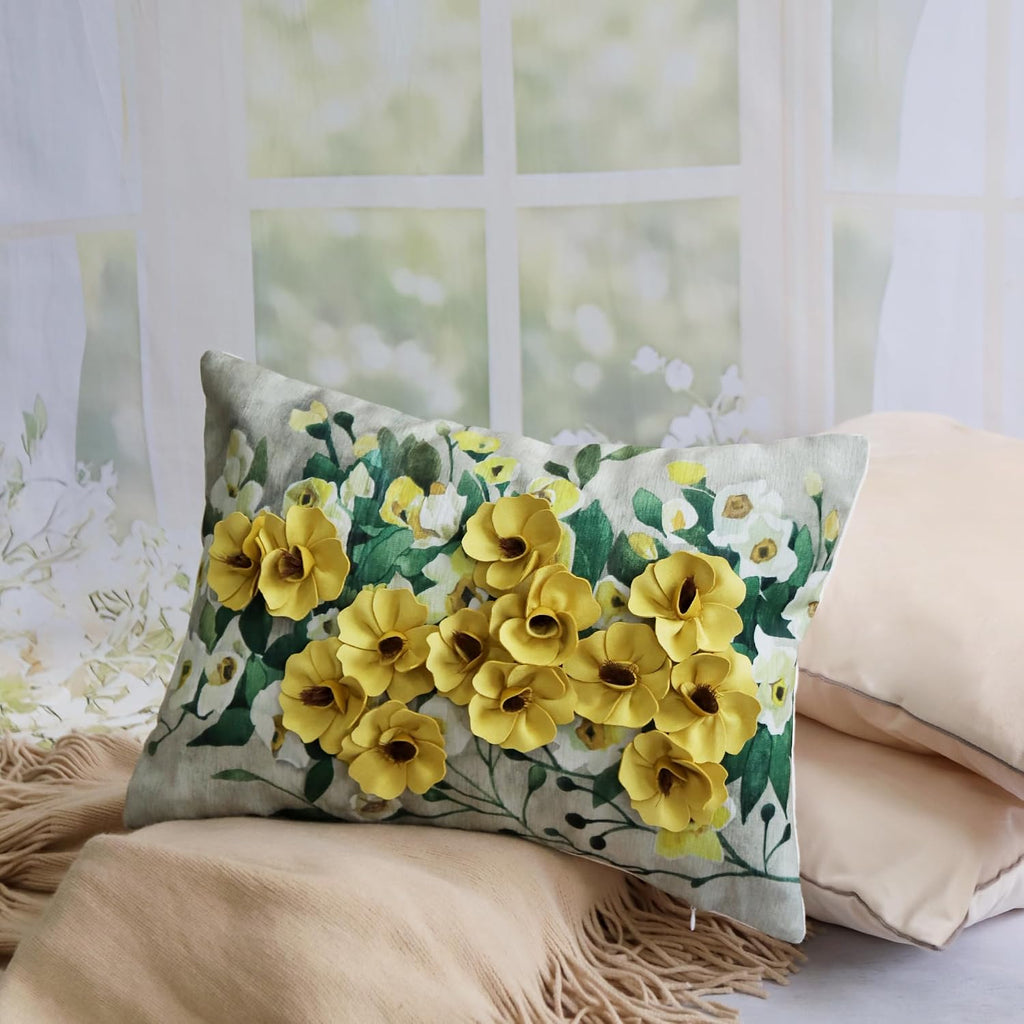 VG|yellow-flowers|3D Flower Lumbar Throw Pillow Covers White