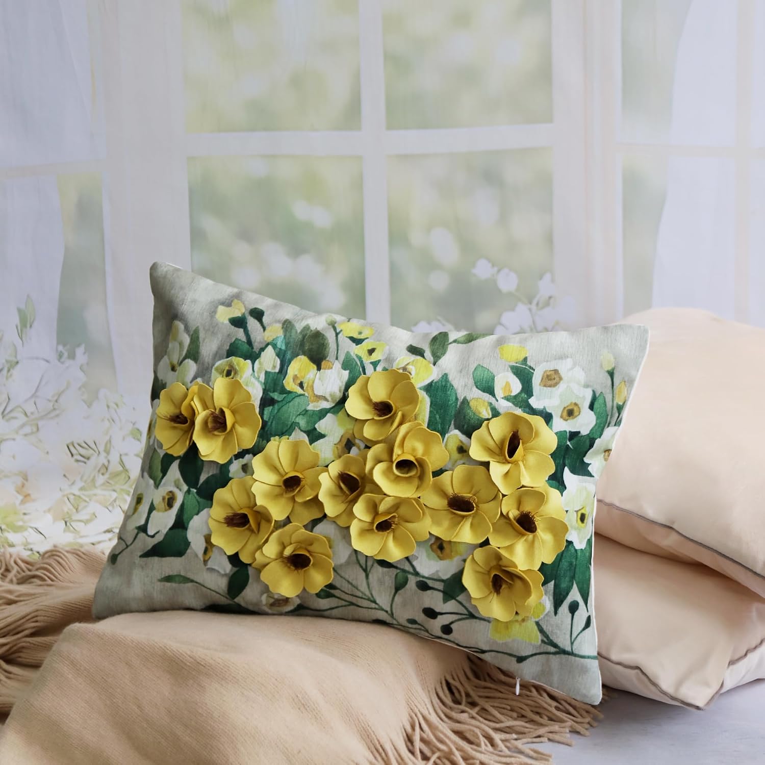 VG|yellow-flowers|3D Flower Lumbar Throw Pillow Covers White