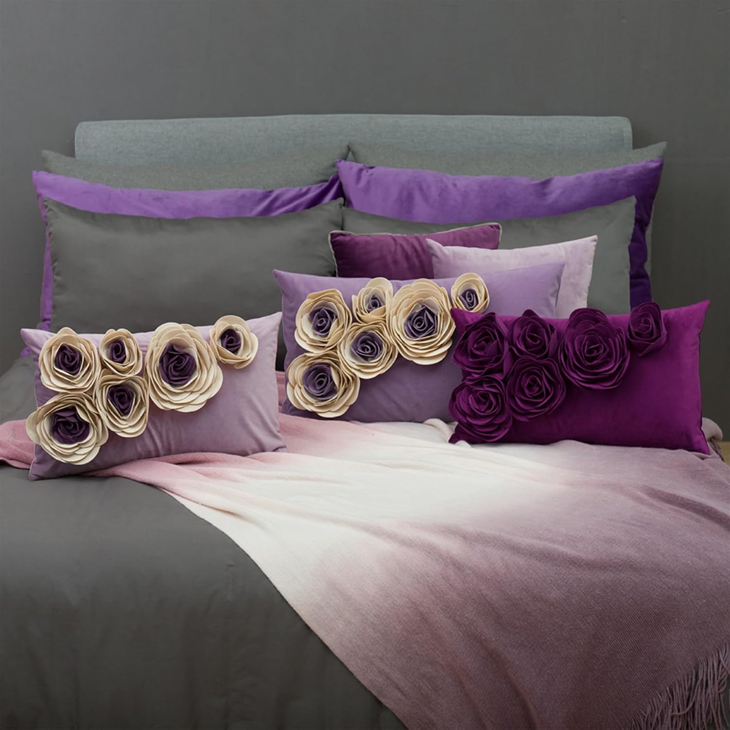 VG|purple-red|3D Flower Throw Pillow Cover Handmade Floral Soft Velvet Lumbar Cushion for Bed Living Room Chair Couch Decor Gold