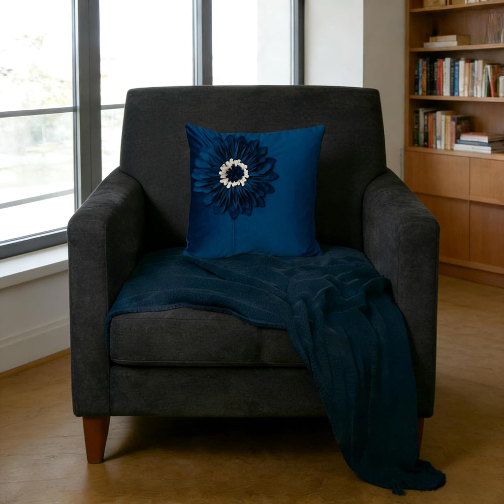 VG|navy-blue|Decorative Flower Throw Pillow Cover 3D Sunflower Pillow Case Velvet Cushion Floral Pillowcase for Bed Living Room Couch Chair