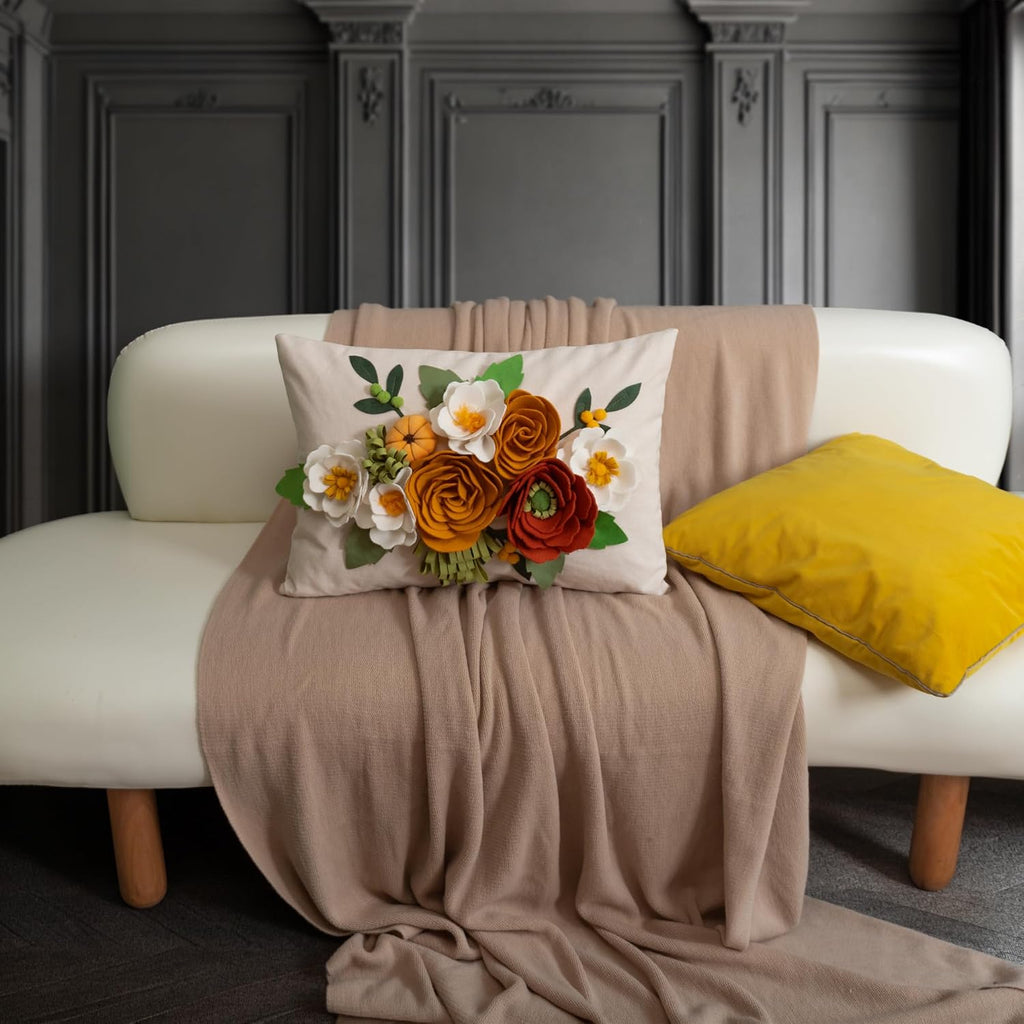 3D Floral Decorative Throw Pillow Cover White and Orange