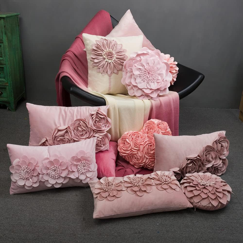 VG|light-pink|Flower Throw Pillow Cover Decorative Round Pillowcase Floral Cushion for Bed Sofa Couch Car Decor