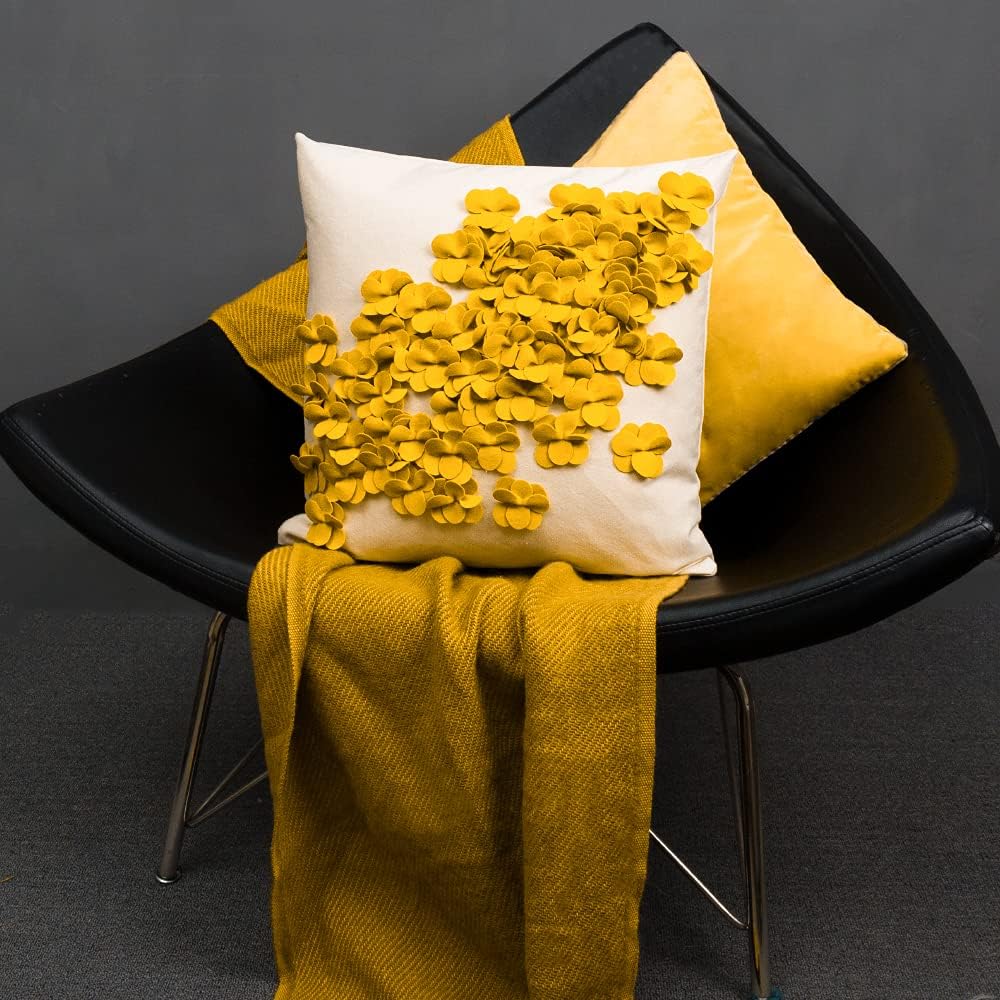VG|yellow|Handmade 3D Flower Throw Pillow Covers Decorative Aesthetic Floral Accent Pillow Cases Stereo Cushion for Couch Living Room Bed Chair Decor Beige