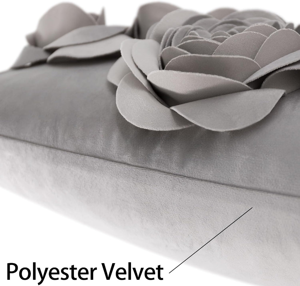 VG|gray|3D Flowers Throw Pillow Cover Decorative Soft Velvet Accent Floral Cushion Lumbar Pillowcase for Bed Sofa Couch Living Room