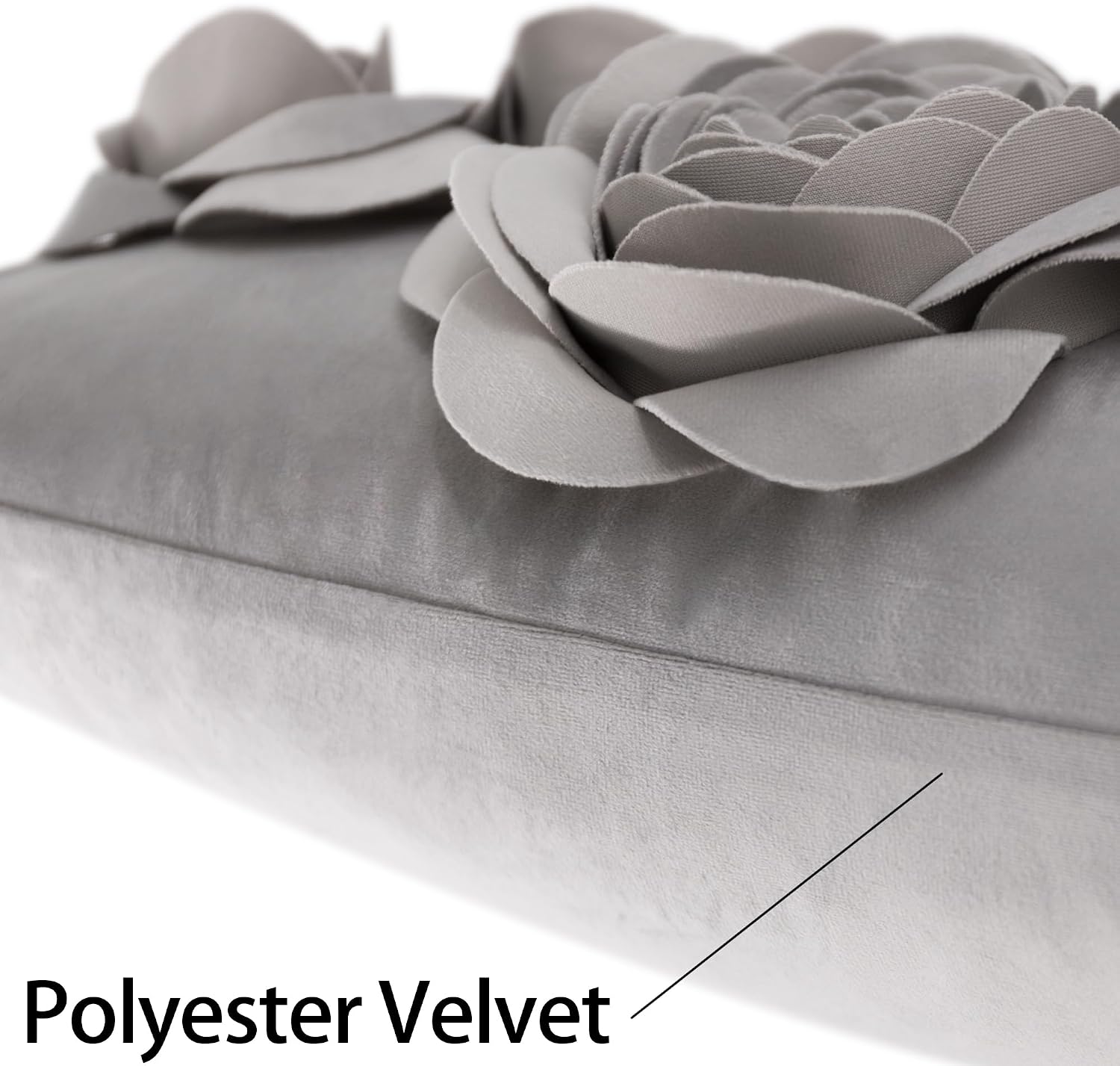 VG|gray|3D Flowers Throw Pillow Cover Decorative Soft Velvet Accent Floral Cushion Lumbar Pillowcase for Bed Sofa Couch Living Room