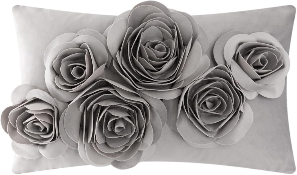 VG|gray|3D Flowers Throw Pillow Cover Decorative Soft Velvet Accent Floral Cushion Lumbar Pillowcase for Bed Sofa Couch Living Room