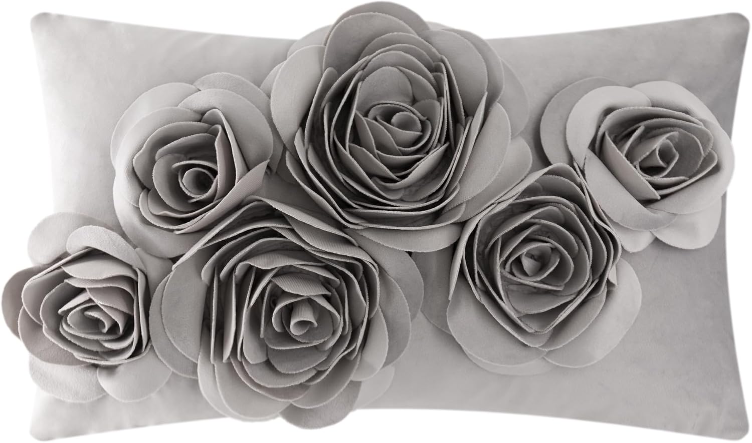 VG|gray|3D Flowers Throw Pillow Cover Decorative Soft Velvet Accent Floral Cushion Lumbar Pillowcase for Bed Sofa Couch Living Room