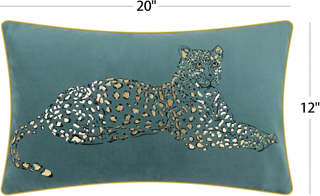 VG|teal-blue|Leopard Print Throw Pillow Cover Decorative Velvet Cushion with Gold Foil Printing for Bed Couch Chair Car