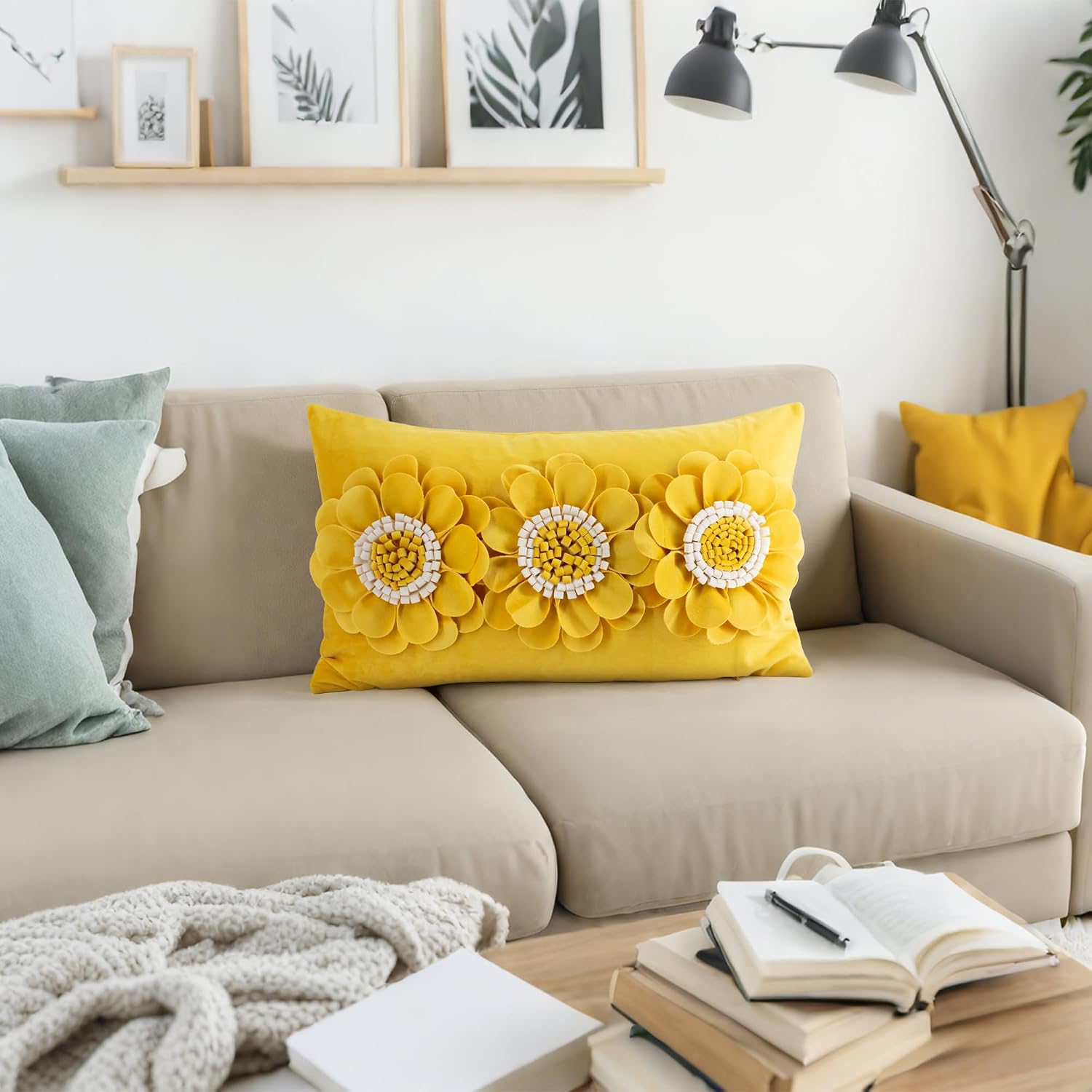 VG|yellow-white|3D Flower Throw Pillow Cover
