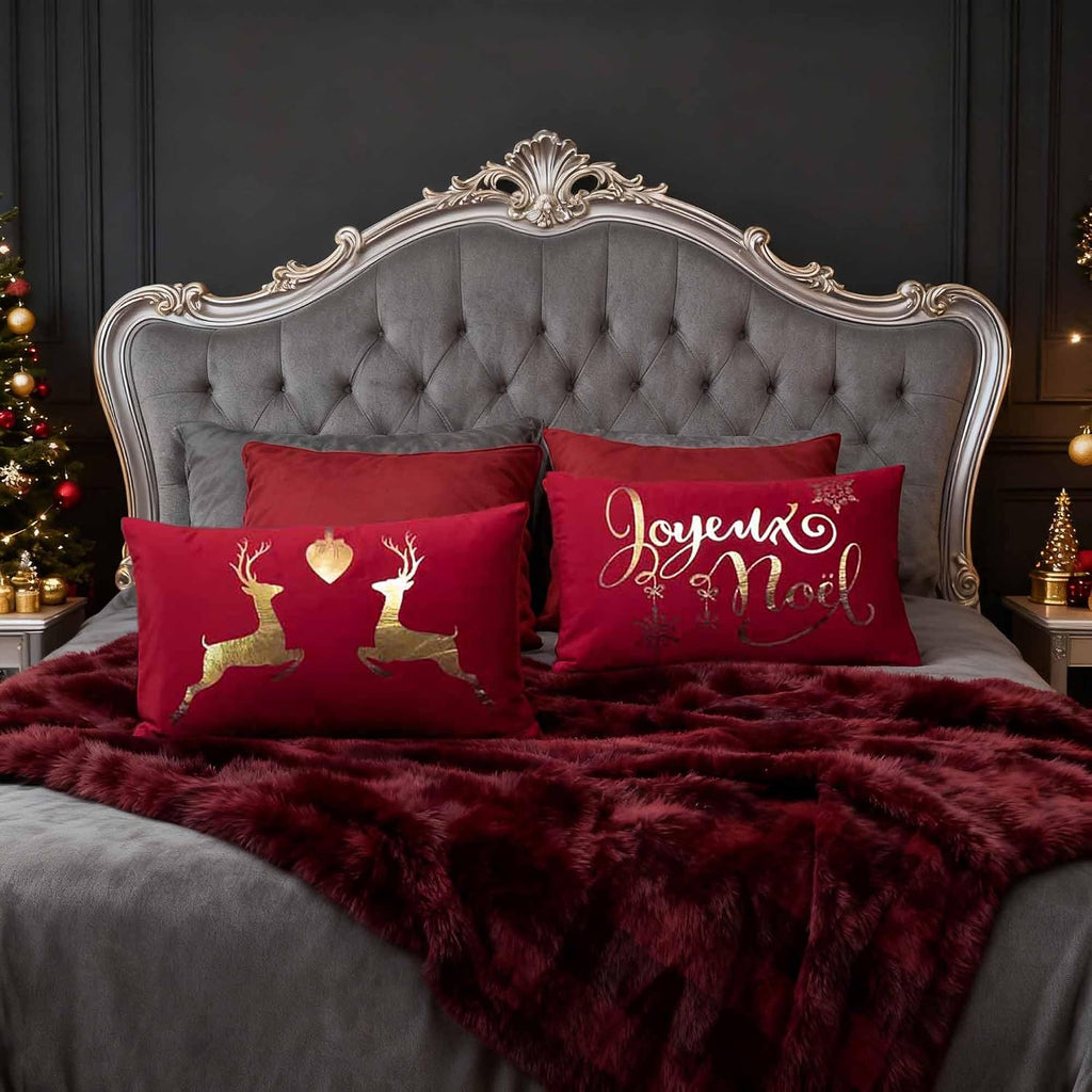 VG|christmas-red,deer-red|Gold Foil Decorative Accent Throw Pillow Cases Rectangle Cushion Covers for Bed Living Room White