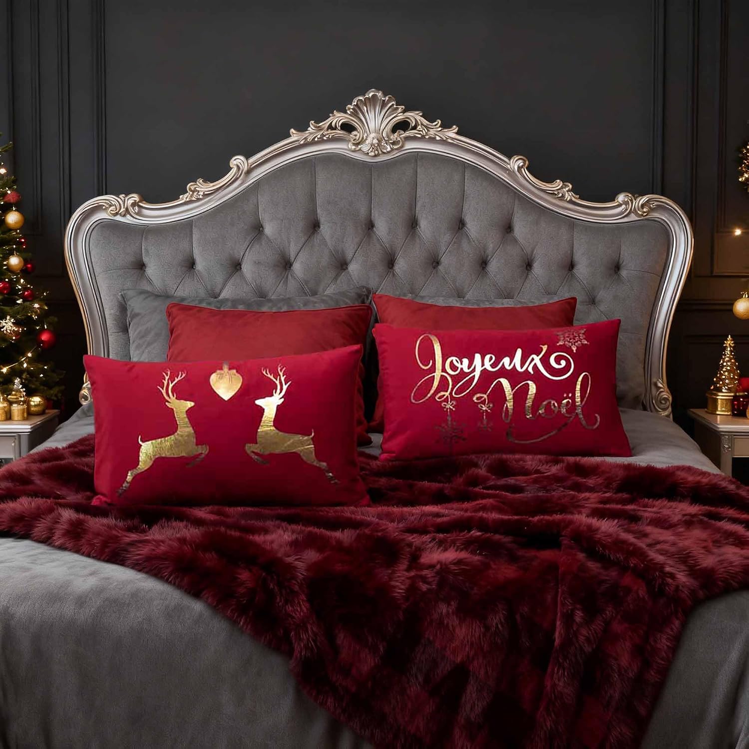 VG|christmas-red,deer-red|Gold Foil Decorative Accent Throw Pillow Cases Rectangle Cushion Covers for Bed Living Room White