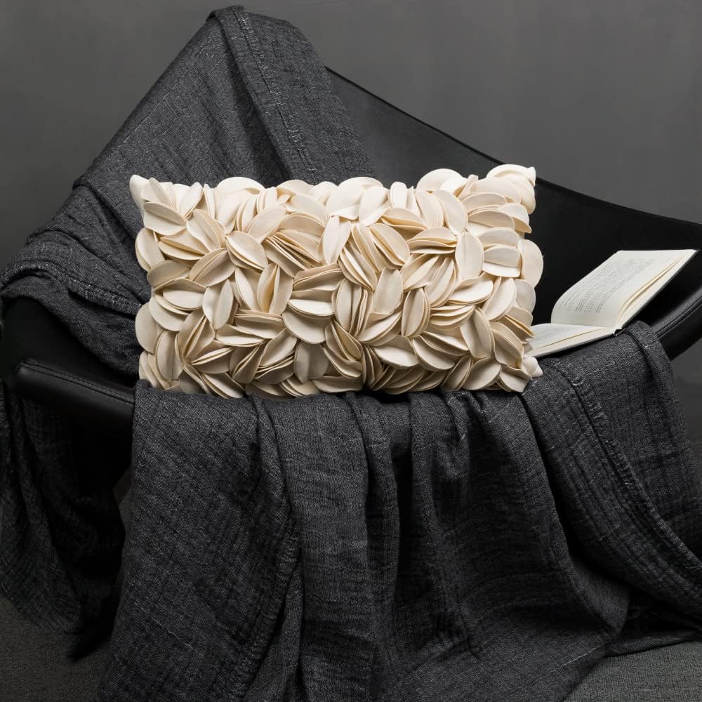 VG|beige-solid-suede|Handmade 3D Floral Throw Pillow Cover