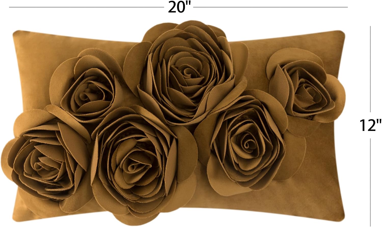 VG|mustard-brown|3D Flowers Throw Pillow Cover Decorative Soft Velvet Accent Floral Cushion Lumbar Pillowcase for Bed Sofa Couch Living Room