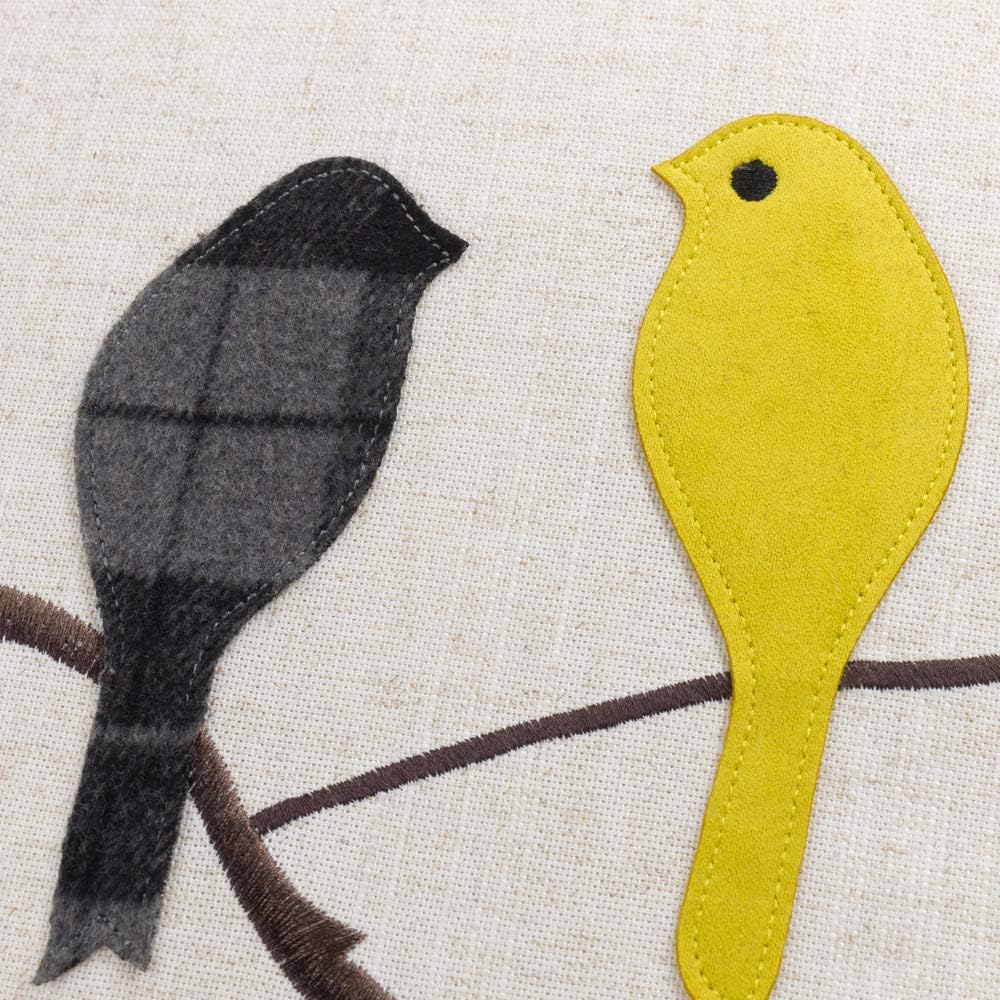 VG|yellow-gray-plaid-square-with-birds|Cute Birds Throw Pillow Cover Lumbar Accent Cushion Embroidered Pillowcase for Home Sofa Bed Living Room Dark Blue Orange Beige